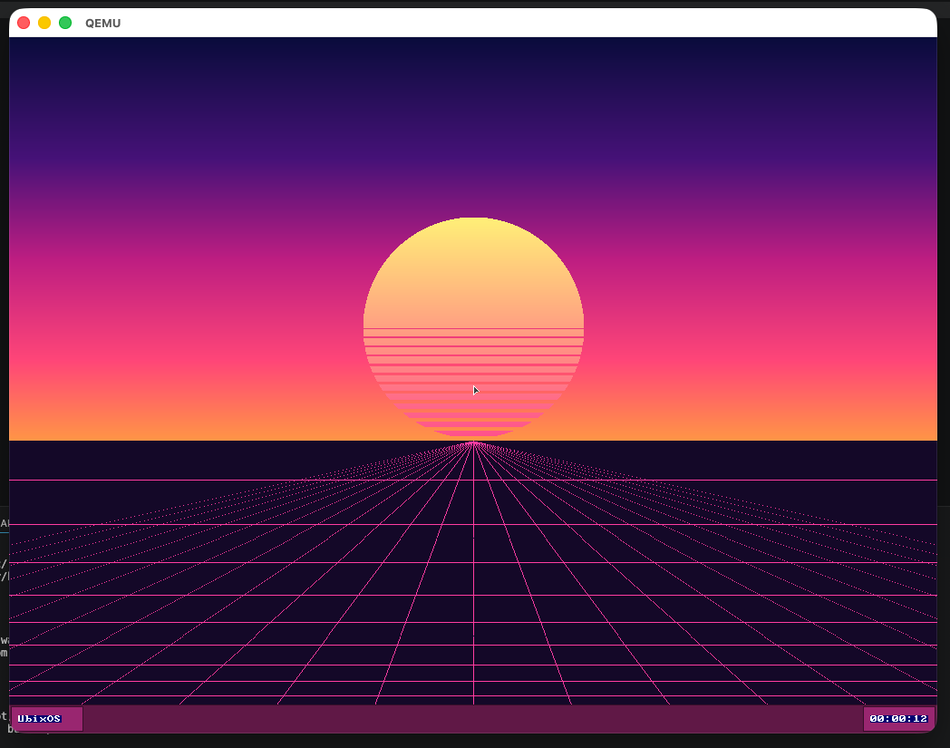 uBixOS synthwave desktop wallpaper with retro perspective grid